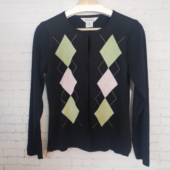 Misook Sweaters - Exclusively Misook Cardigan Sweater Size Small Black Argyle Green Pink Preppy